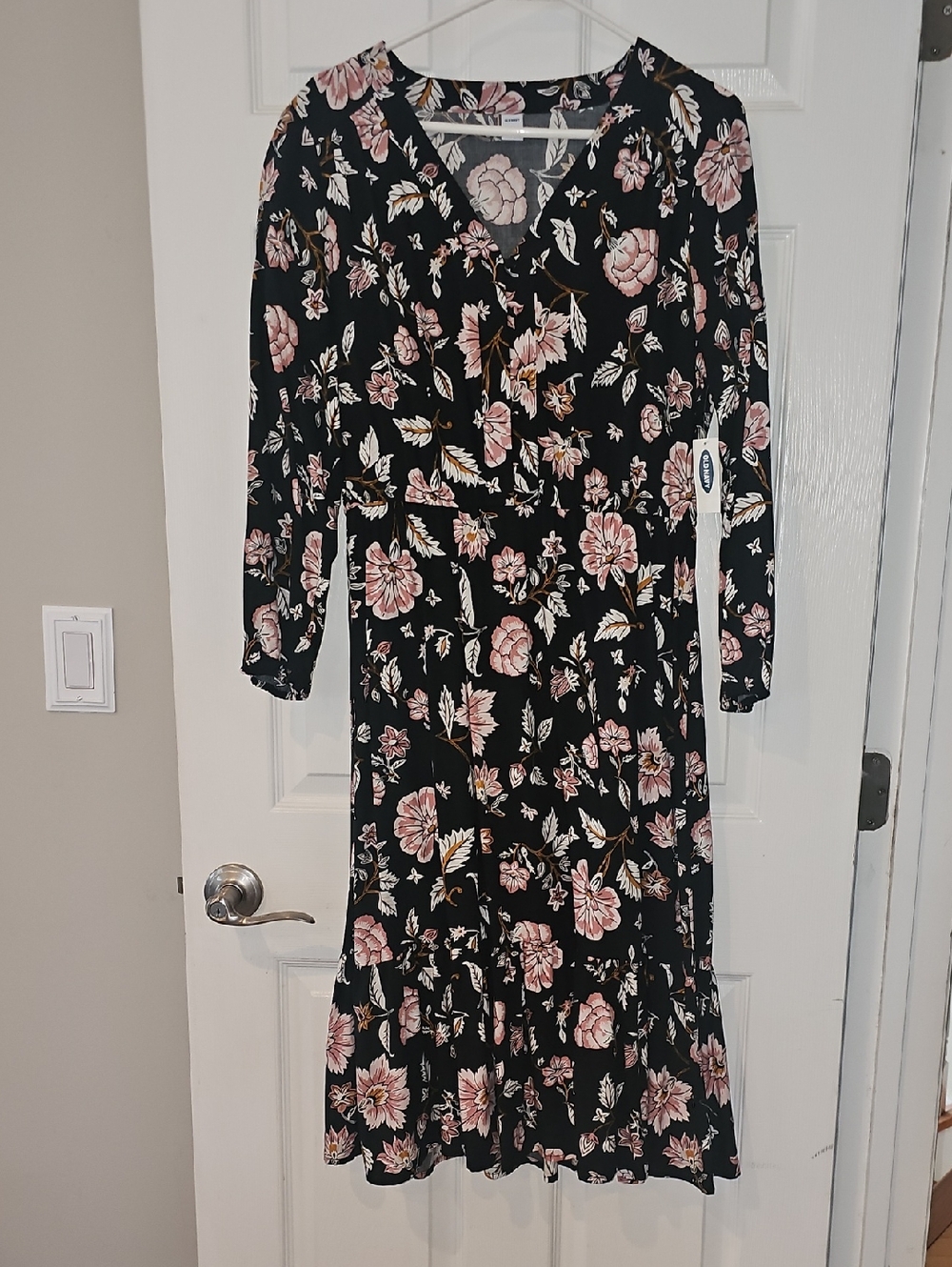 Old Navy Black Floral Midi Dress with Blush Pink Blooms